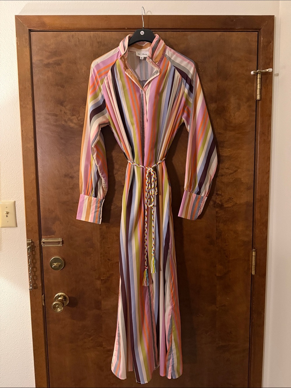 Multicolor Striped Maxi Shirt Dress with Waist Tie